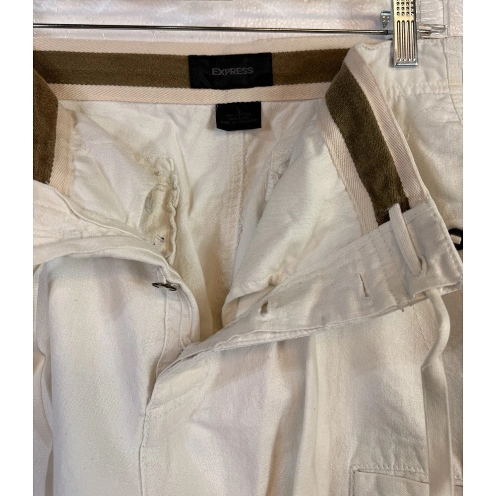 Y2K Express Linen Blend Drawstring Pants Men XL Beige Button Fly Wide Leg Beach - Picture 6 of 10